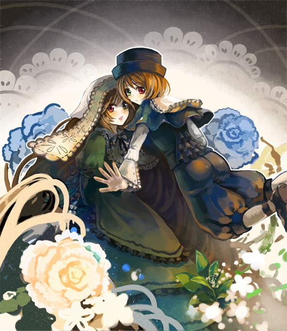 otosume ruiko, souseiseki, suiseiseki, rozen maiden, 00s, 2girls, brown hair, dress, hat, headscarf, heterochromia, long hair, multiple girls, short hair, siblings, sisters, twins, white headscarf