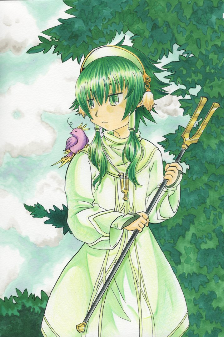 kendou~, ion (tales), tales of (series), tales of the abyss, traditional media, 00s, 1boy, animal, animal on shoulder, bird, bird on shoulder, green eyes, green hair, hair tubes, jewelry, male focus, matching hair/eyes, necklace, solo, staff