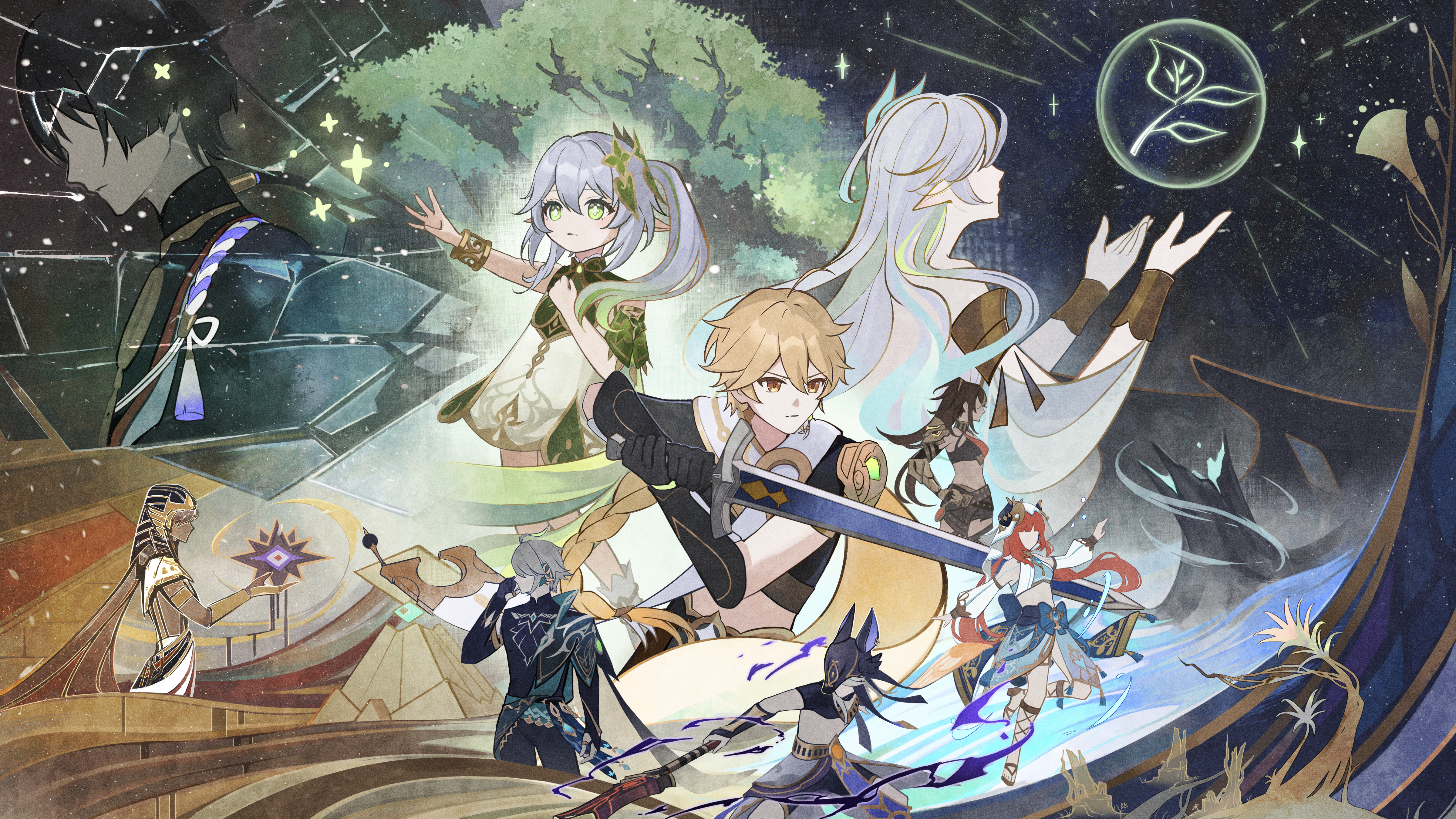 anna (drw01), aether (genshin impact), alhaitham (genshin impact), cyno (genshin impact), dehya (genshin impact), nahida (genshin impact), nilou (genshin impact), rukkhadevata (genshin impact), scaramouche (genshin impact), genshin impact, absurdres, commentary request, highres, official art, 4girls, 5boys, ancient egyptian clothes, animal ear hood, black hair, blonde hair, braid, braided ponytail, brown hair, closed mouth, cross-shaped pupils, dancer, dark-skinned male, dark skin, dress, faceless, faceless female, faceless male, fake animal ears, fake horns, gladiator sandals, gradient hair, green eyes, green hair, hair between eyes, hair ornament, hands up, harem outfit, holding, holding polearm, holding sword, holding weapon, hood, horns, hoyofair, japanese clothes, king deshret (genshin impact), leaf hair ornament, long hair, multicolored hair, multiple boys, multiple girls, pointy ears, polearm, pyramid (structure), red hair, sandals, short hair, side ponytail, silver sword (genshin impact), single braid, spear, staff of the scarlet sands (genshin impact), sword, symbol-shaped pupils, tree, twintails, veil, weapon, white dress, white hair, white veil, yellow eyes