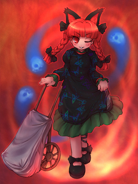 sankuma, kaenbyou rin, touhou, 1girl, animal ears, braid, cat ears, cat girl, female focus, full body, ghost, gradient background, one eye closed, red eyes, red hair, ribbon, skull, smile, solo, standing, twin braids, twintails, wheelbarrow, wink