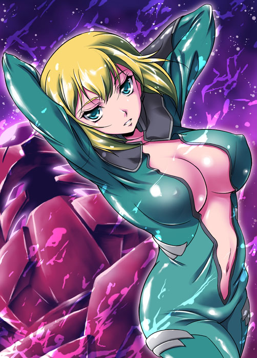 chipa (arutana), kusui aruta, ahead (mobile suit), louise halevy, gundam, gundam 00, 00s, 1girl, blonde hair, blue eyes, bodysuit, breasts, cleavage, covered erect nipples, female focus, mecha, open bodysuit, open clothes, open shirt, robot, shirt, short hair, solo