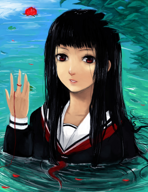cha (chabos), chi (pixiv313333), enma ai, jigoku shoujo, bad id, bad pixiv id, 00s, 1girl, black hair, black serafuku, blunt bangs, female focus, hime cut, long hair, red eyes, school uniform, serafuku, solo, string, string of fate, water