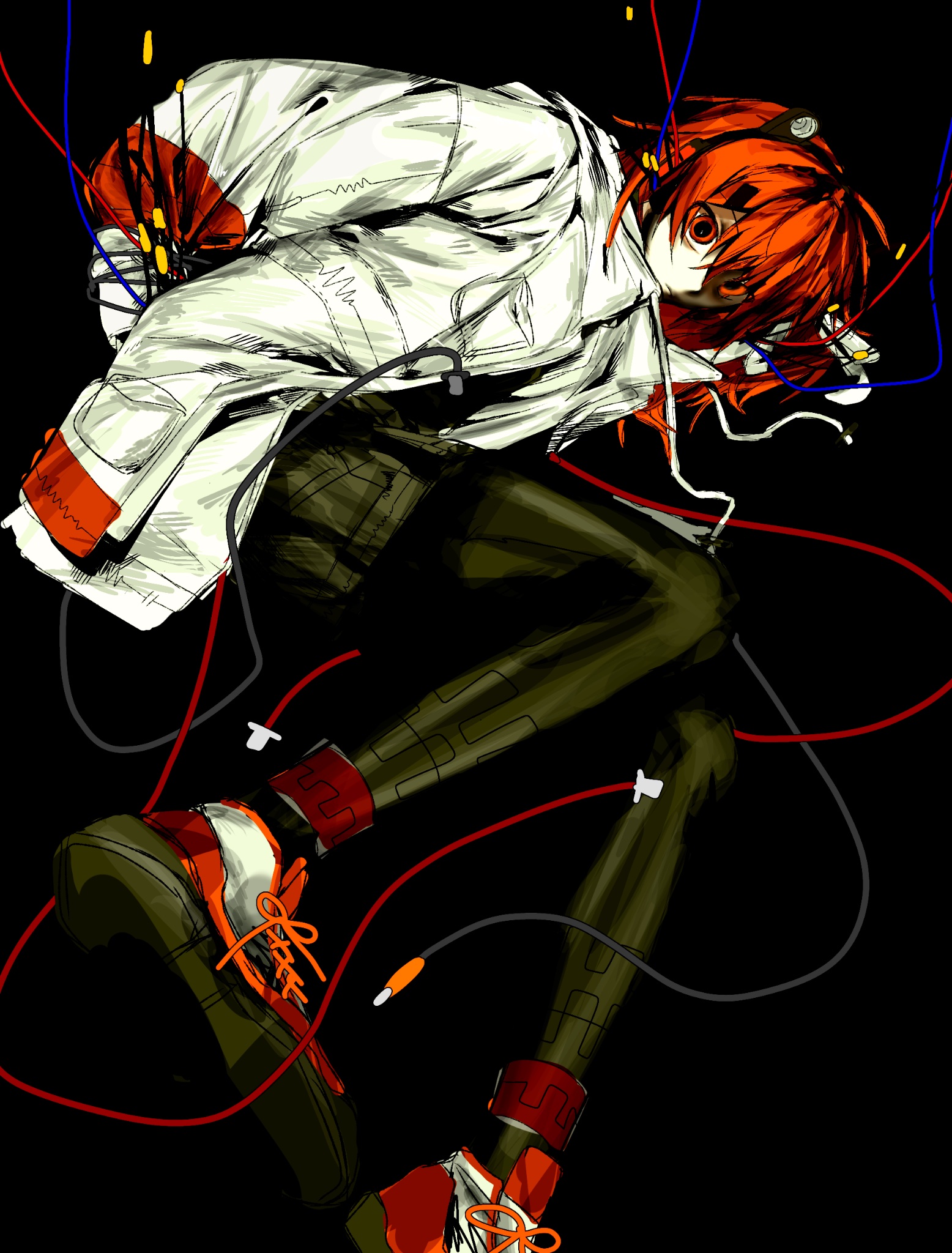 hirune (suiminbusoku118), adachi rei, a.i. voice, utau, highres, 1girl, black background, black pantyhose, cable, from side, jacket, long sleeves, looking at viewer, orange eyes, orange hair, pantyhose, shoes, sneakers, solo, white jacket