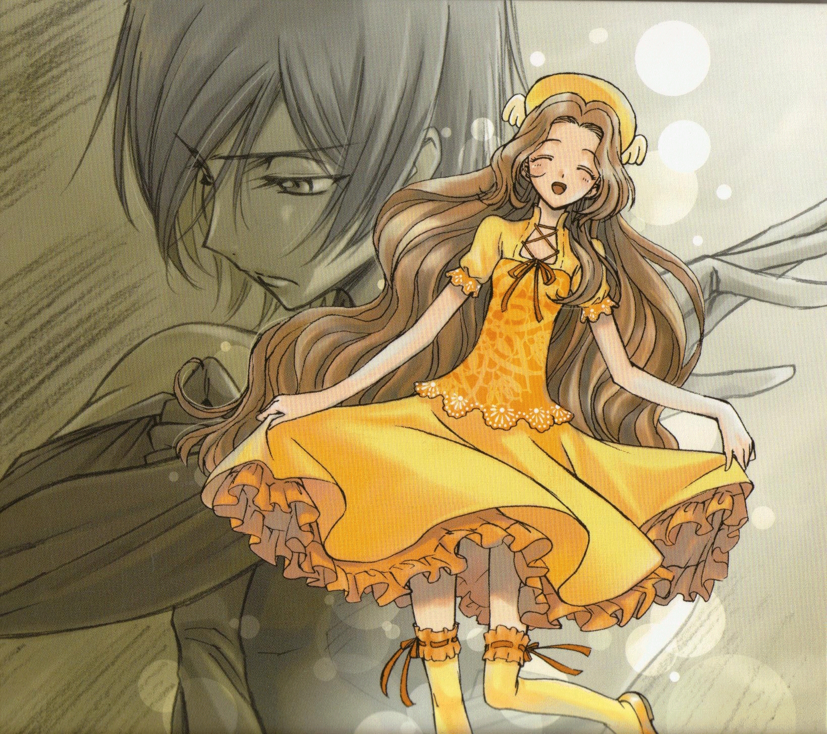lelouch vi britannia, nunnally vi britannia, code geass, highres, scan, 00s, brother and sister, closed eyes, dress, hat, siblings, thighhighs