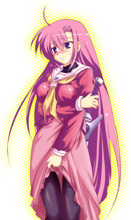 kimura shuuichi, katsura hinagiku, laevatein (nanoha), signum, hayate no gotoku!, lyrical nanoha, mahou shoujo lyrical nanoha, mahou shoujo lyrical nanoha a's, 1girl, ahoge, blush, breasts, clothes lift, cosplay, female focus, hair ornament, hairclip, katsura hinagiku (cosplay), long hair, pantyhose, pink hair, school uniform, serafuku, skirt, skirt lift, solo, sword, weapon, whip sword
