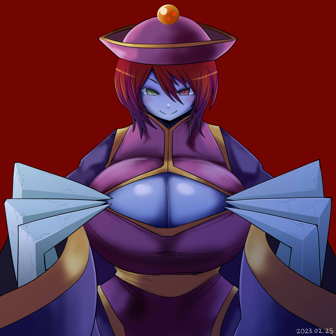 itini-sanshi, hsien-ko, souseiseki, darkstalkers, rozen maiden, commentary request, highres, 1girl, alternate breast size (larger), blue skin, breasts, claws, cleavage, cleavage cutout, closed mouth, clothing cutout, colored skin, cosplay, cowboy shot, dated, dress, green eyes, hair between eyes, hat, heterochromia, hsien-ko (cosplay), huge breasts, jiangshi, looking at viewer, purple dress, purple hat, qingdai guanmao, red background, red eyes, red hair, short hair, simple background, smile, solo