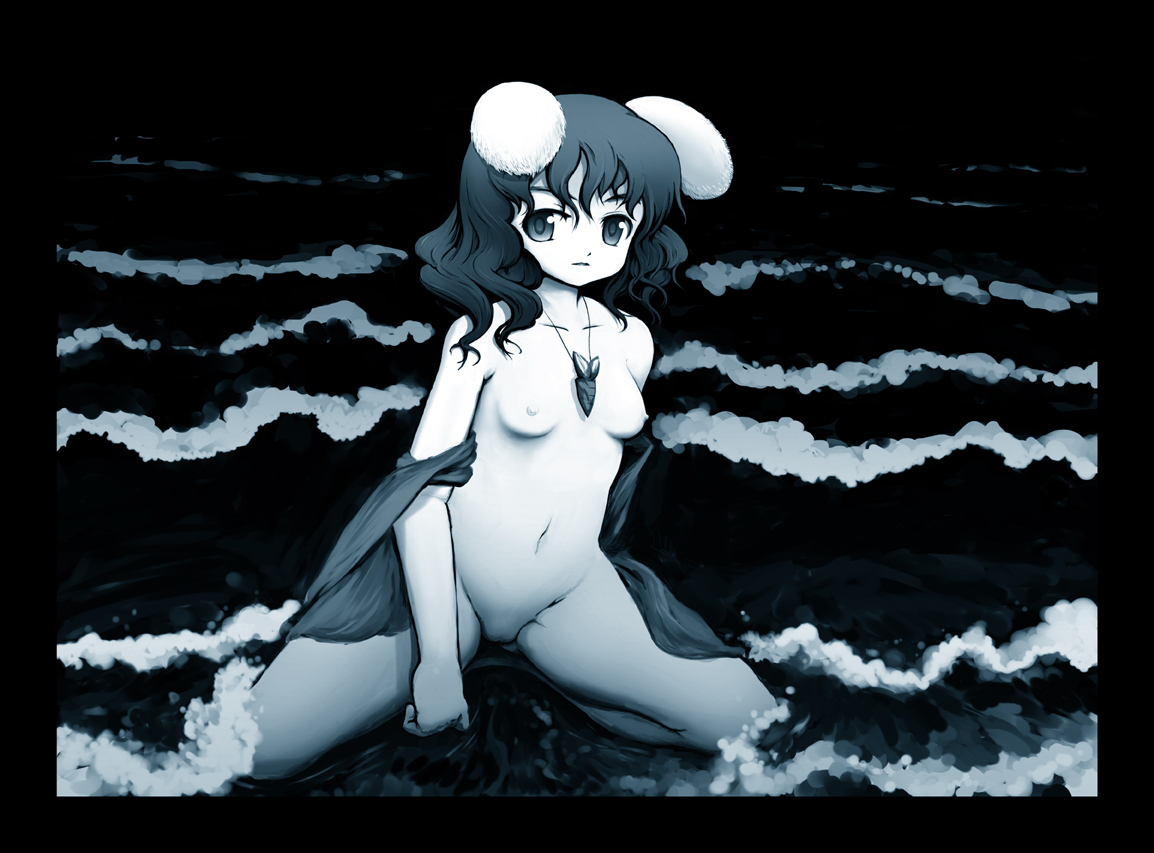 kyuu, inaba tewi, touhou, bad id, bad pixiv id, 1girl, animal ears, blue theme, breasts, female focus, kneeling, monochrome, nipples, nude, ocean, rabbit ears, short hair, solo, water, waves