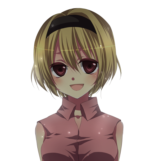 tsukioka tsukiho, houjou satoko, higurashi no naku koro ni, bad id, bad pixiv id, 00s, blonde hair, hairband, red eyes, short hair, smile, solo