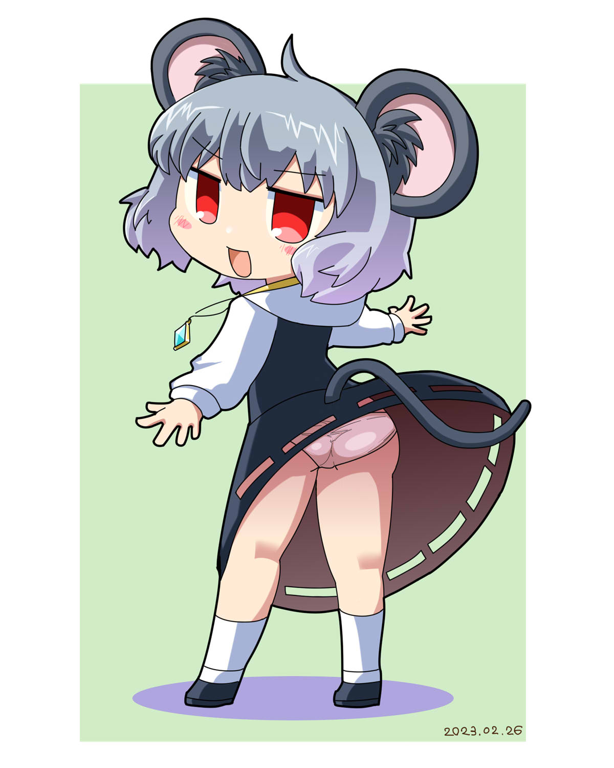 itini-sanshi, nazrin, nyon (cookie), cookie (touhou), touhou, commentary request, highres, 1girl, :d, animal ear fluff, animal ears, ass, black shoes, black skirt, black vest, blush, dated, from behind, full body, green background, grey hair, jewelry, loafers, long sleeves, looking at viewer, looking back, mouse ears, mouse girl, mouse tail, necklace, open mouth, panties, pantyshot, pendant, pink panties, red eyes, shirt, shoes, short hair, skirt, skirt set, smile, socks, solo, tail, two-tone background, underwear, vest, white background, white shirt, white socks