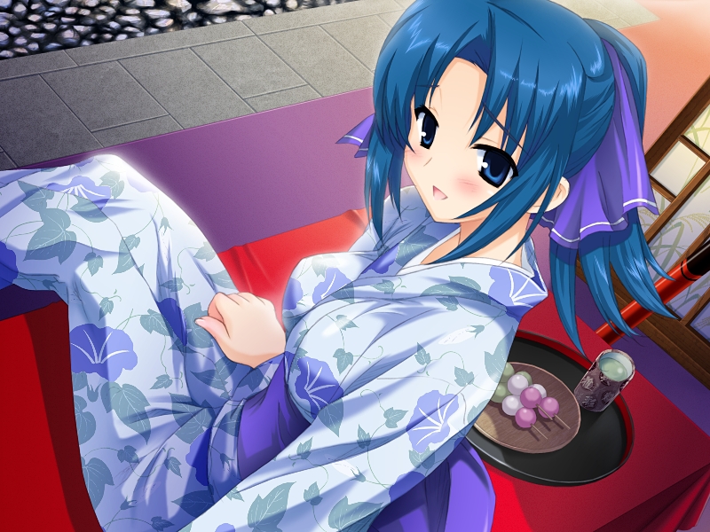mutsumi masato, senagawa satsuki, yokubari saboten, game cg, non-web source, 1girl, blue eyes, blue hair, blush, cup, dango, food, green tea, japanese clothes, kimono, long hair, ponytail, sanshoku dango, sitting, tea, teacup, tray, wagashi, yukata, yunomi
