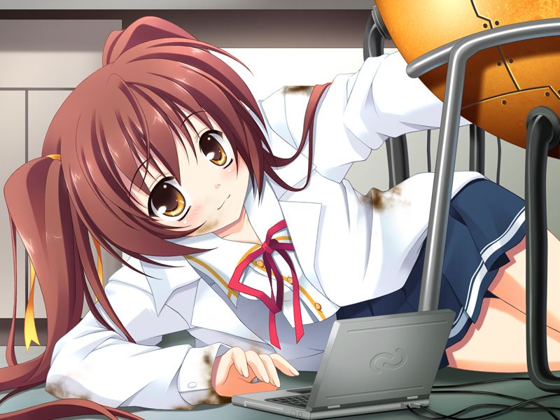 sagara maiko, sora wo tobu mittsu no houhou, game cg, jpeg artifacts, non-web source, 1girl, blush, brown eyes, brown hair, computer, computer keyboard, dirty, female focus, hair ribbon, lab coat, laptop, long hair, lying, on side, ribbon, school uniform, serafuku, skirt, smile, solo, thigh gap, thighs, twintails, yellow eyes