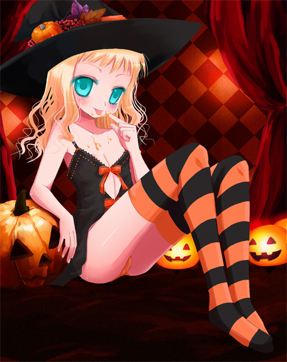 kay, kay (utd), original, bad id, bad pixiv id, 1girl, blonde hair, blue eyes, chemise, female focus, flat chest, halloween, hat, jack-o'-lantern, loli, nipple slip, nipples, panties, pumpkin, sitting, solo, striped clothes, striped thighhighs, thighhighs, underwear, witch, witch hat