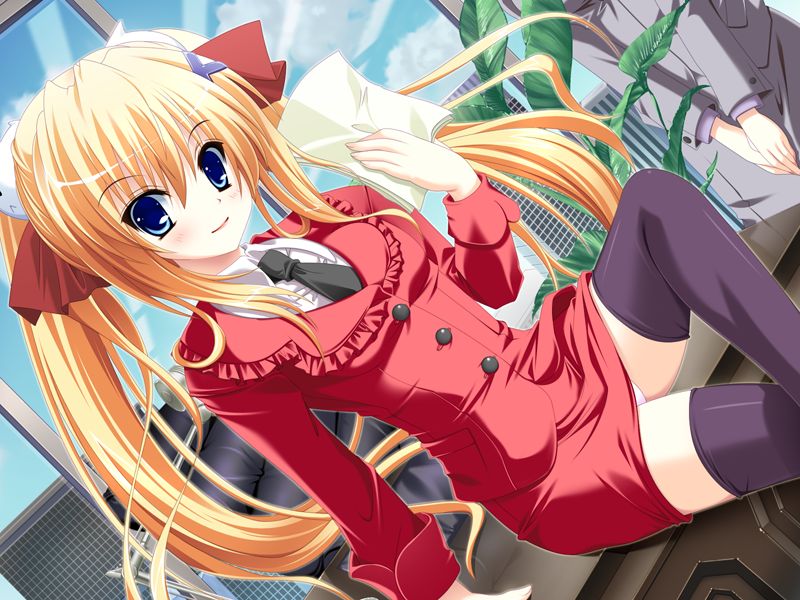 inuhiko, komatsugawa alice, hare hare harem, game cg, non-web source, 1girl, blonde hair, blue eyes, business suit, dutch angle, female focus, formal clothes, long hair, panties, pantyshot, solo, suit, thighhighs, twintails, underwear