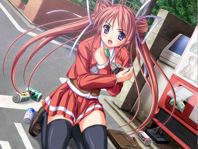 iwasaki kouji, ashitaba yuuri, majipuri, purple software, game cg, jpeg artifacts, non-web source, 1girl, ahoge, bag, beverage can, black thighhighs, blush, can, crossed arms, double bun, drink can, female focus, hair bun, hair ribbon, kneeling, long hair, open mouth, outdoors, pink hair, purple eyes, red hair, ribbon, school bag, school uniform, serafuku, skirt, soda can, solo, thighhighs, twintails, vending machine, zettai ryouiki