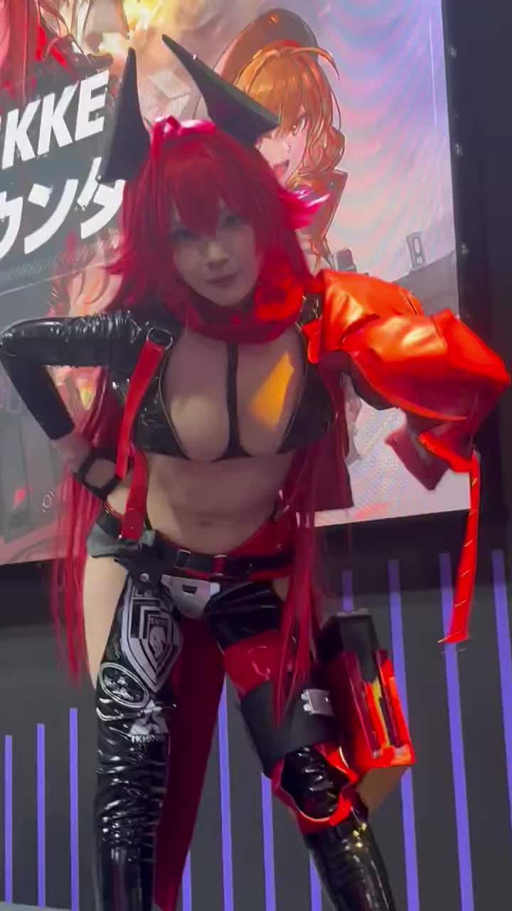 red hood (nikke), real life, nikke, animated, tagme, video, breasts, cleavage, cosplay, navel, official cosplay, red hair
