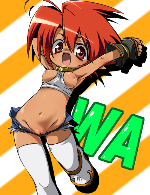 mochiko (x-game), tanarot, magician's academy, bad id, bad pixiv id, 00s, 1girl, between breasts, breasts, cleft of venus, dark-skinned female, dark skin, fang, female focus, gloves, medium breasts, navel, nipples, pointy ears, pussy, red eyes, red hair, short hair, solo, thighhighs, uncensored