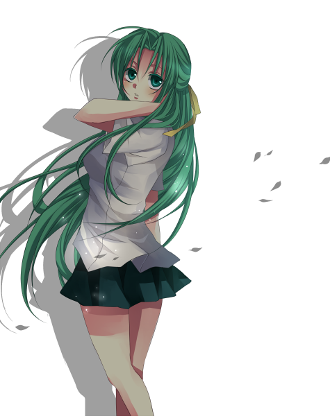 tsukioka tsukiho, sonozaki shion, higurashi no naku koro ni, bad id, bad pixiv id, 00s, 1girl, female focus, green eyes, green hair, hair ribbon, half updo, long hair, matching hair/eyes, ribbon, solo