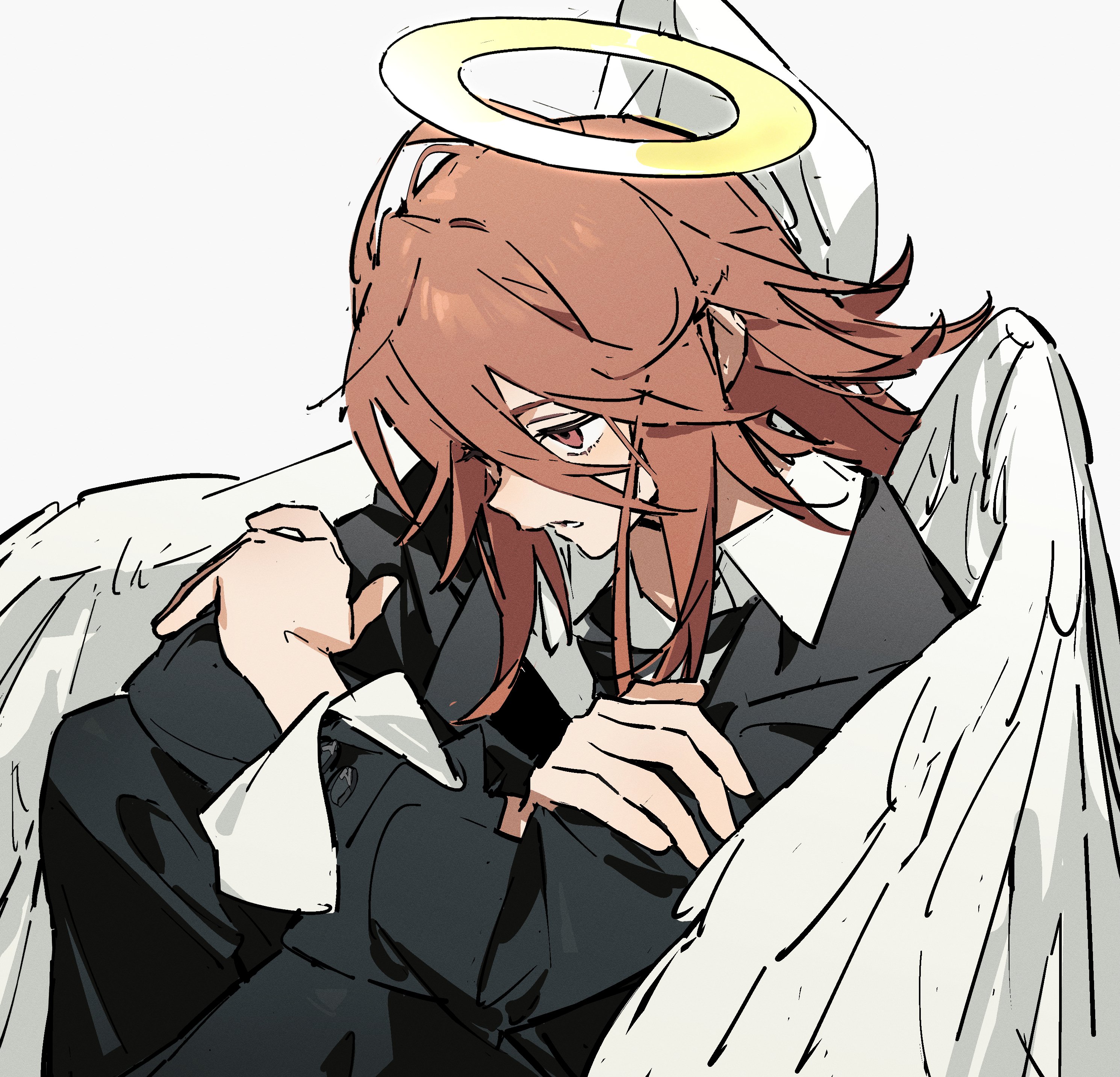angel devil (chainsaw man), chainsaw man, absurdres, highres, 1boy, androgynous, angel wings, black jacket, black pants, black suit, brown eyes, brown hair, collared shirt, feathered wings, formal clothes, gyu9447, hair between eyes, halo, hugging own legs, jacket, long hair, male focus, pants, parted lips, shirt, solo, suit, suit jacket, upper body, white background, white shirt, white wings, wings
