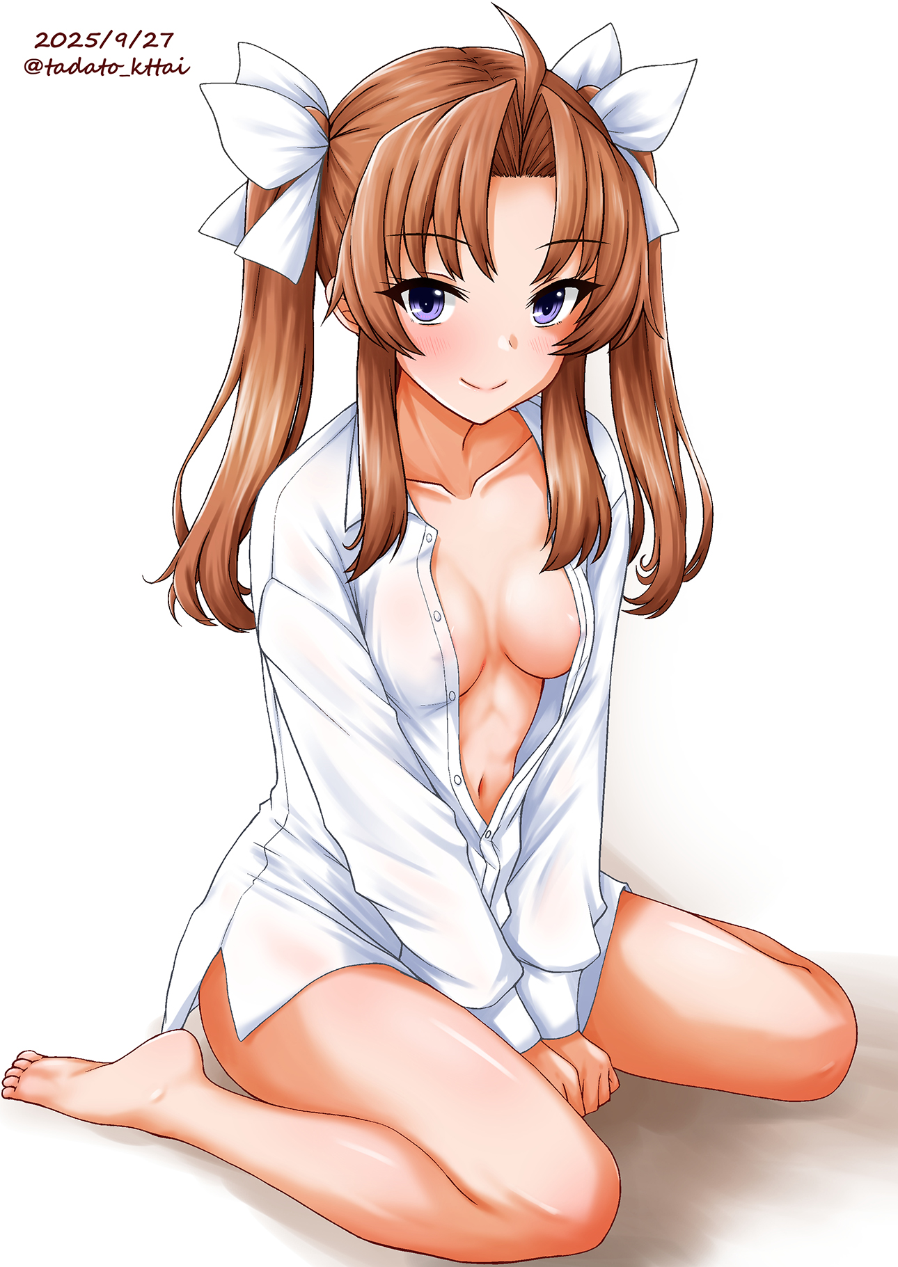 kamiya tadato, kagerou (kancolle), kagerou kai ni (kancolle), kantai collection, highres, bare legs, breasts, hair ribbon, looking at viewer, ribbon, shirt, sitting, smile, twintails, wariza, white shirt