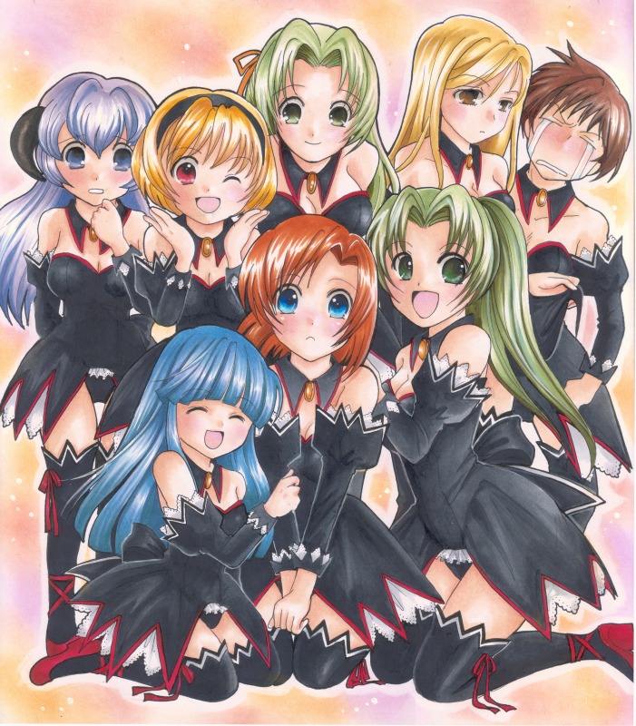 gintarou (puipuiginta), furude rika, hanyuu, houjou satoko, maebara keiichi, ryuuguu rena, sonozaki mion, sonozaki shion, takano miyo, higurashi no naku koro ni, bad id, bad pixiv id, 00s, 1boy, 6+girls, angel mort, blonde hair, blue eyes, blue hair, blush, breasts, brown eyes, brown hair, cleavage, closed eyes, crossdressing, detached collar, dress, everyone, green eyes, green hair, hairband, horns, medium breasts, multiple girls, open mouth, orange hair, purple eyes, purple hair, red eyes, red hair, siblings, sisters, small breasts, tears, thighhighs, trap, twins, zettai ryouiki