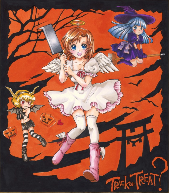 gintarou (puipuiginta), furude rika, houjou satoko, ryuuguu rena, higurashi no naku koro ni, striped legwear, bad id, bad pixiv id, 3girls, angel, angel wings, bat wings, billhook, blonde hair, blue eyes, blue hair, broom, cosplay, demon, demon girl, dress, halloween, halo, hashitsuki nata, hat, hatchet, heart, horns, jack-o'-lantern, multiple girls, nata (tool), orange background, pumpkin, red eyes, red hair, striped clothes, striped thighhighs, thighhighs, trick or treat, wings, witch, witch hat, zettai ryouiki