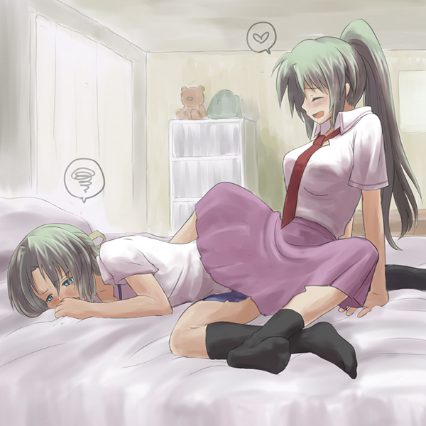 jairo, sonozaki mion, sonozaki shion, higurashi no naku koro ni, bad id, bad pixiv id, 00s, 2girls, bed, breasts, female focus, green eyes, green hair, half updo, heart, incest, kneehighs, long hair, lying, multiple girls, siblings, sisters, skirt, socks, spoken heart, tribadism, tribadism through clothes, twincest, twins, yuri