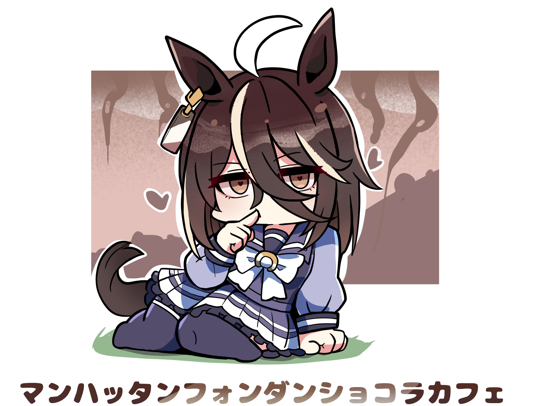 kawamochi (tddm3573), manhattan cafe (umamusume), umamusume, highres, translation request, 1girl, ahoge, alternate eye color, alternate hair color, animal ears, bow, brown eyes, brown hair, finger to mouth, frilled skirt, frills, full body, heart, heart-shaped pupils, horse ears, horse girl, horse tail, long hair, long sleeves, looking at viewer, multicolored hair, no shoes, outline, pleated skirt, puffy long sleeves, puffy sleeves, purple shirt, purple skirt, purple thighhighs, shirt, sitting, skirt, sleeves past wrists, solo, streaked hair, symbol-shaped pupils, tail, thighhighs, white bow, white hair, white outline