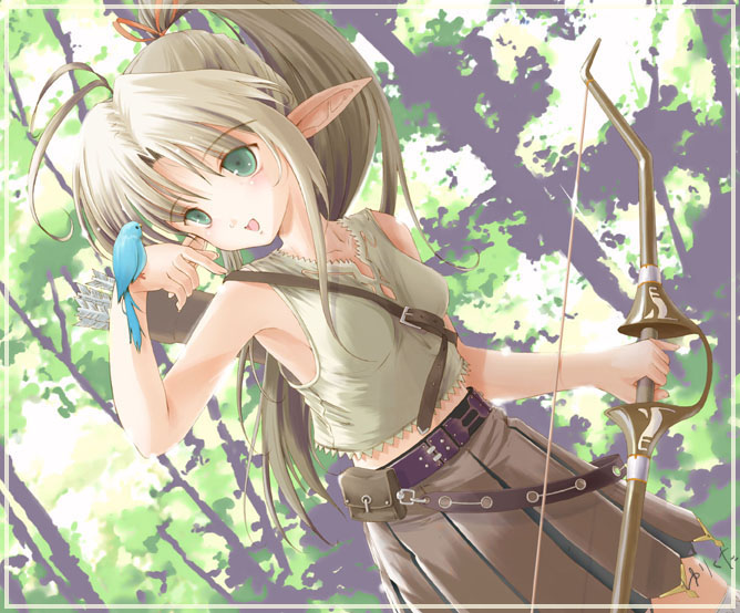 yurikuta tsukumi, 1girl, bird, bird on hand, blonde hair, bow (weapon), elf, female focus, green eyes, long hair, pointy ears, ponytail, solo, weapon