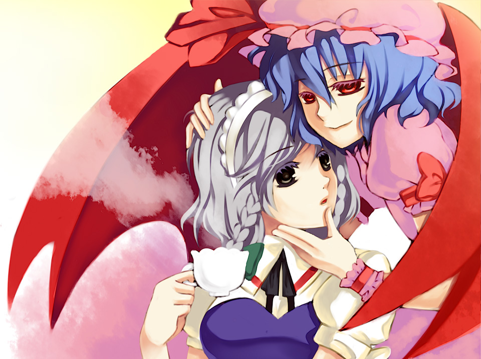 iida, izayoi sakuya, remilia scarlet, touhou, silver hair, 2girls, blue hair, breasts, cup, female focus, gradient background, maid, multiple girls, ribbon, short hair, twintails, upper body, wings