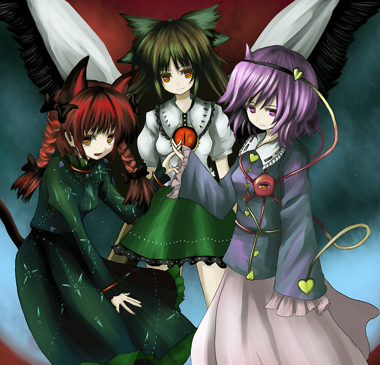 wasabi karasi, wasabi karasi (pixiv), kaenbyou rin, komeiji satori, reiuji utsuho, touhou, bad id, bad pixiv id, 3girls, animal ears, braid, brown hair, cape, cat ears, cat girl, cat tail, female focus, long hair, multiple girls, pink hair, purple eyes, red eyes, red hair, ribbon, skirt, tail, twin braids, twintails, wings