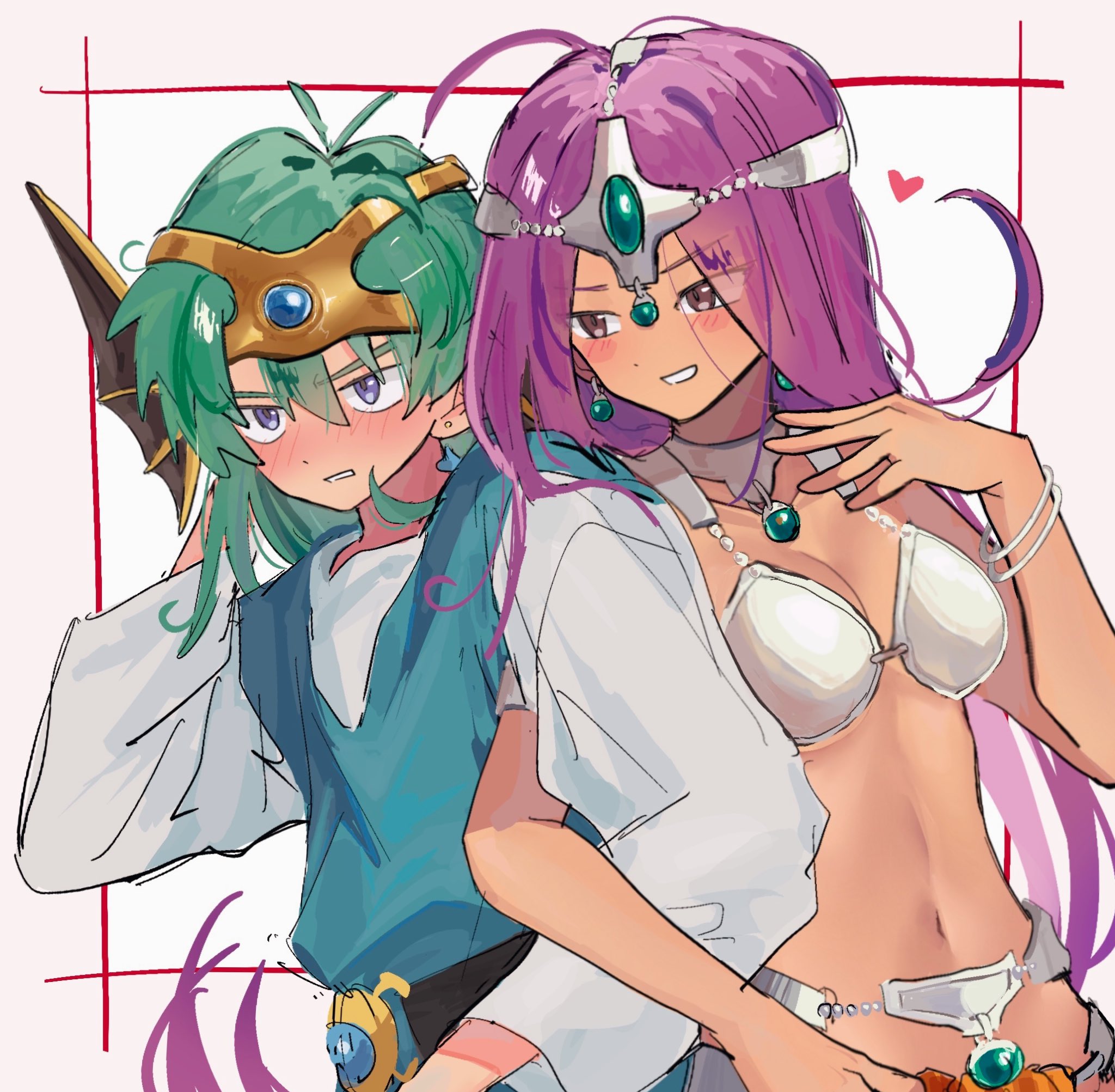 hero (dq4), manya (dq4), slime (dragon quest), dragon quest, dragon quest iv, highres, 1boy, 1girl, arm behind head, armor, bangle, bikini armor, blue eyes, blue gemstone, blue tunic, blush, bracelet, breasts, brown eyes, cleavage, cowlick, earrings, forehead protector, furrowed brow, gem, green eyes, green gemstone, hair between eyes, hand on own chest, jewelry, locked arms, long hair, medium breasts, medium hair, midriff, orange skirt, parted bangs, parted lips, pelvic curtain, pendant choker, purple hair, revealing clothes, shirt, single earring, skirt, smile, tunic, upper body, white background, white shirt, winged headwear, y hcei10