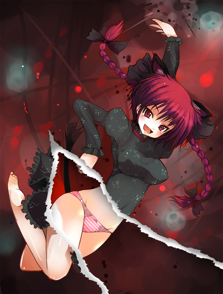 ippongui, kaenbyou rin, touhou, 1girl, animal ears, barefoot, braid, breasts, cat ears, cat girl, cat tail, fang, female focus, page tear, panties, red eyes, red hair, revealing layer, ribbon, solo, striped clothes, striped panties, tail, twin braids, twintails, underwear