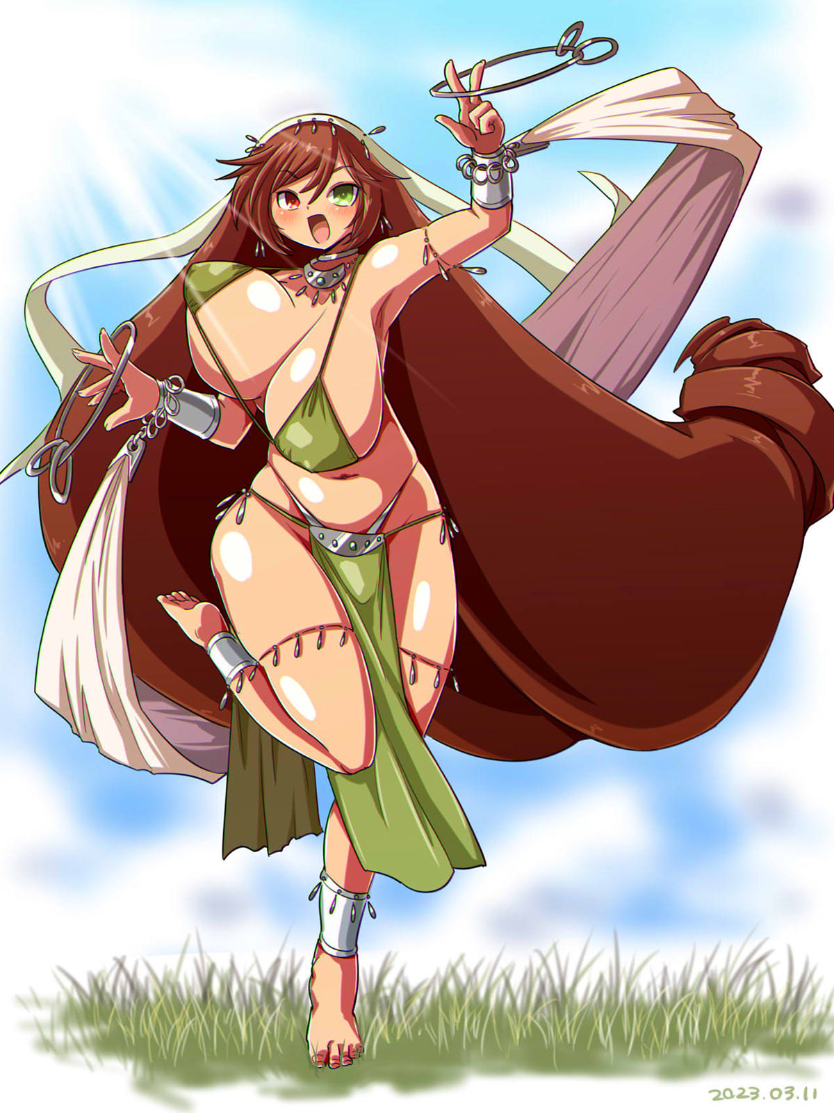 itini-sanshi, suiseiseki, rozen maiden, commentary request, highres, 1girl, alternate breast size (larger), alternate costume, bangle, barefoot, bikini, blue sky, blush, bracelet, breasts, brown hair, cleavage, cloud, dancer, day, drill hair, full body, green bikini, green eyes, heterochromia, huge breasts, jewelry, long hair, looking at viewer, navel, open mouth, outdoors, pelvic curtain, red eyes, revealing clothes, sky, solo, standing, standing on one leg, swimsuit, twin drills, unaligned breasts, very long hair