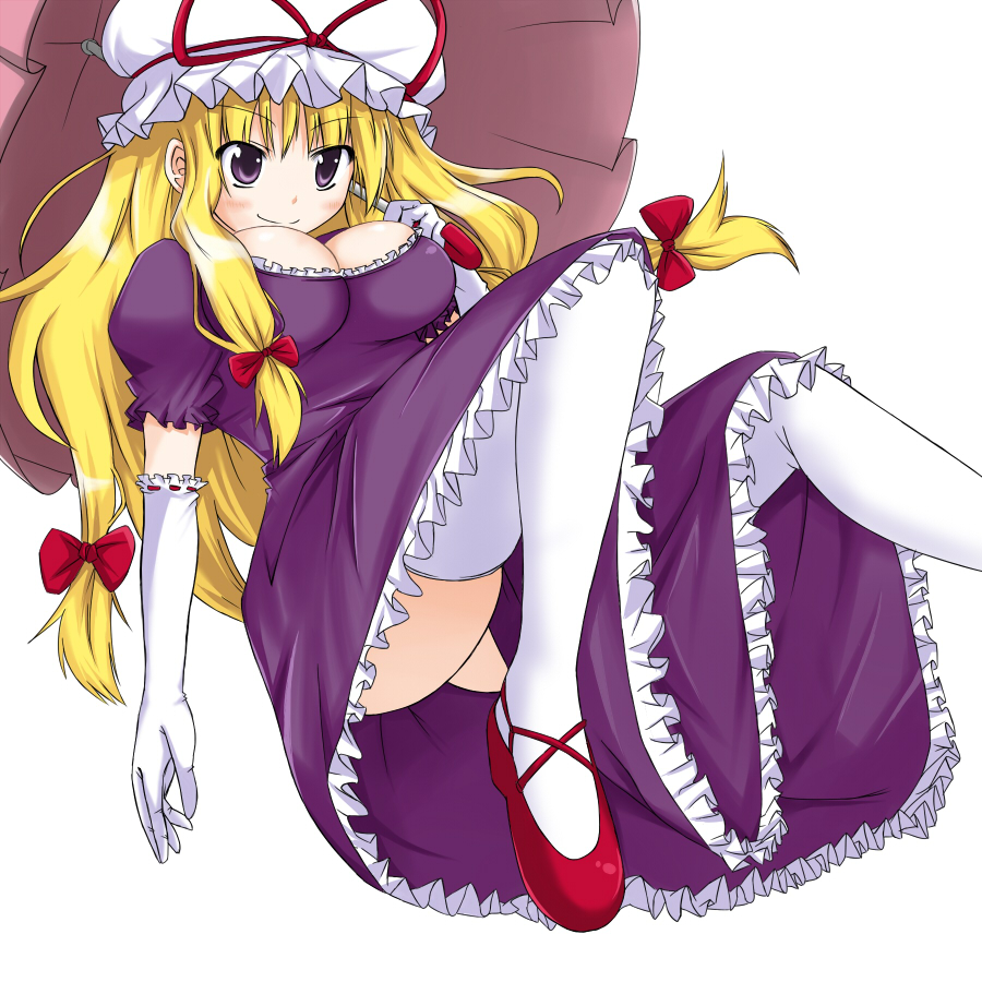 wata, yakumo yukari, touhou, bad id, bad pixiv id, 1girl, blonde hair, elbow gloves, female focus, gloves, hat, long hair, red shoes, ribbon, shoes, simple background, solo, thighhighs, white background, white gloves, white thighhighs