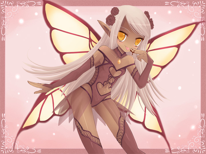 kay, kay (utd), original, bad id, bad pixiv id, 1girl, chocolate, dark-skinned female, dark skin, fairy, female focus, long hair, navel, orange eyes, pointy ears, solo, thighhighs, white hair, wings