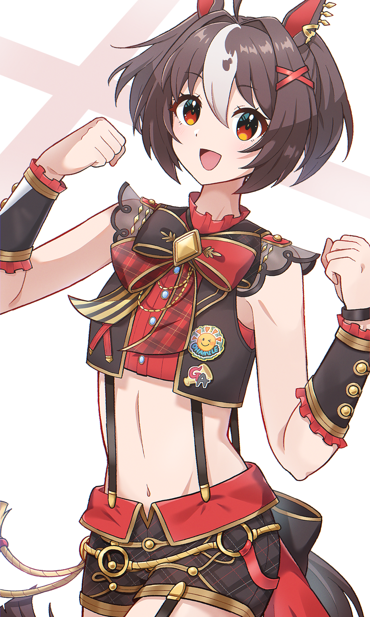 ni co ro, gran alegria (smile my way!) (umamusume), gran alegria (umamusume), umamusume, highres, 1girl, animal ear piercing, animal ears, bow, bowtie, brown hair, horse ears, horse girl, horse tail, midriff, multicolored bow, multicolored bowtie, multicolored hair, official alternate costume, open mouth, plaid clothes, plaid shorts, shorts, solo, streaked hair, tail