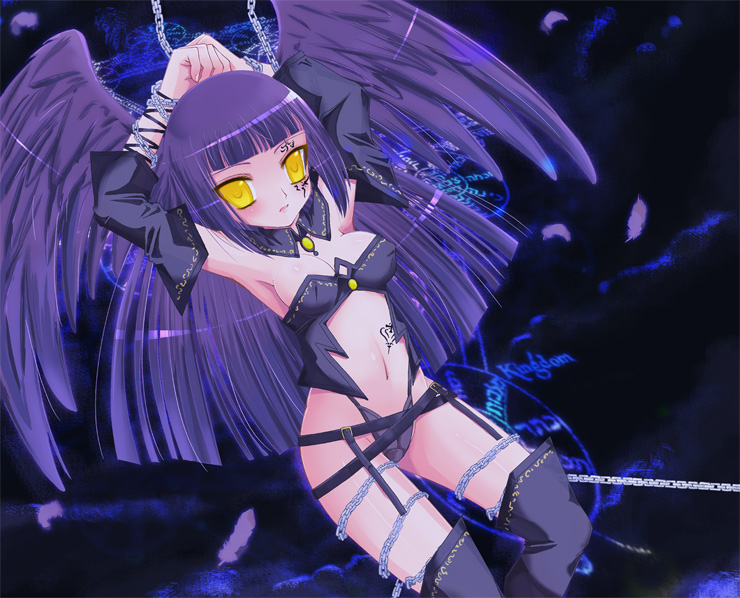 kay, kay (utd), original, bad id, bad pixiv id, 1girl, arms up, bdsm, bondage, bound, breasts, chain, female focus, long hair, navel, purple hair, small breasts, solo, tattoo, thighhighs, wings, yellow eyes