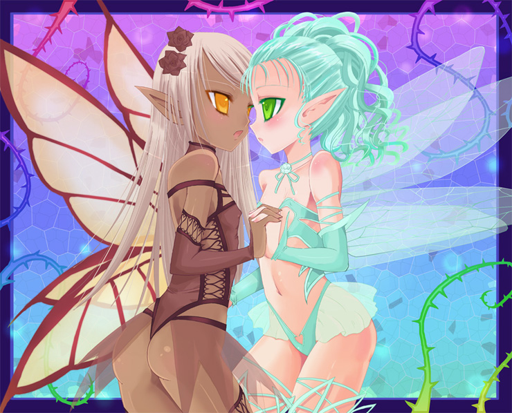 kay, kay (utd), original, bad id, bad pixiv id, 2girls, aqua hair, ass, bustier, covered erect nipples, dark-skinned female, dark skin, fairy, flat chest, green eyes, holding hands, lingerie, mini person, minigirl, multiple girls, orange eyes, pointy ears, underwear, white hair, wings, yuri