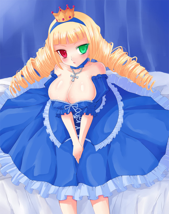 kay, kay (utd), original, bad id, bad pixiv id, 1girl, bare shoulders, blonde hair, breasts, cleavage, crown, dress, drill hair, female focus, hairband, headband, heterochromia, jewelry, large breasts, long hair, necklace, sitting, solo
