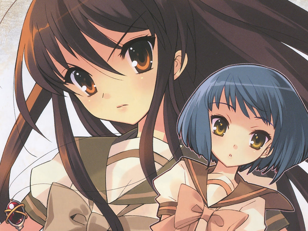ito noizi, alastor (shakugan no shana), konoe fumina, shana, shakugan no shana, non-web source, 00s, 2girls, blue hair, brown eyes, brown hair, jewelry, long hair, multiple girls, pendant, school uniform, serafuku, yellow eyes