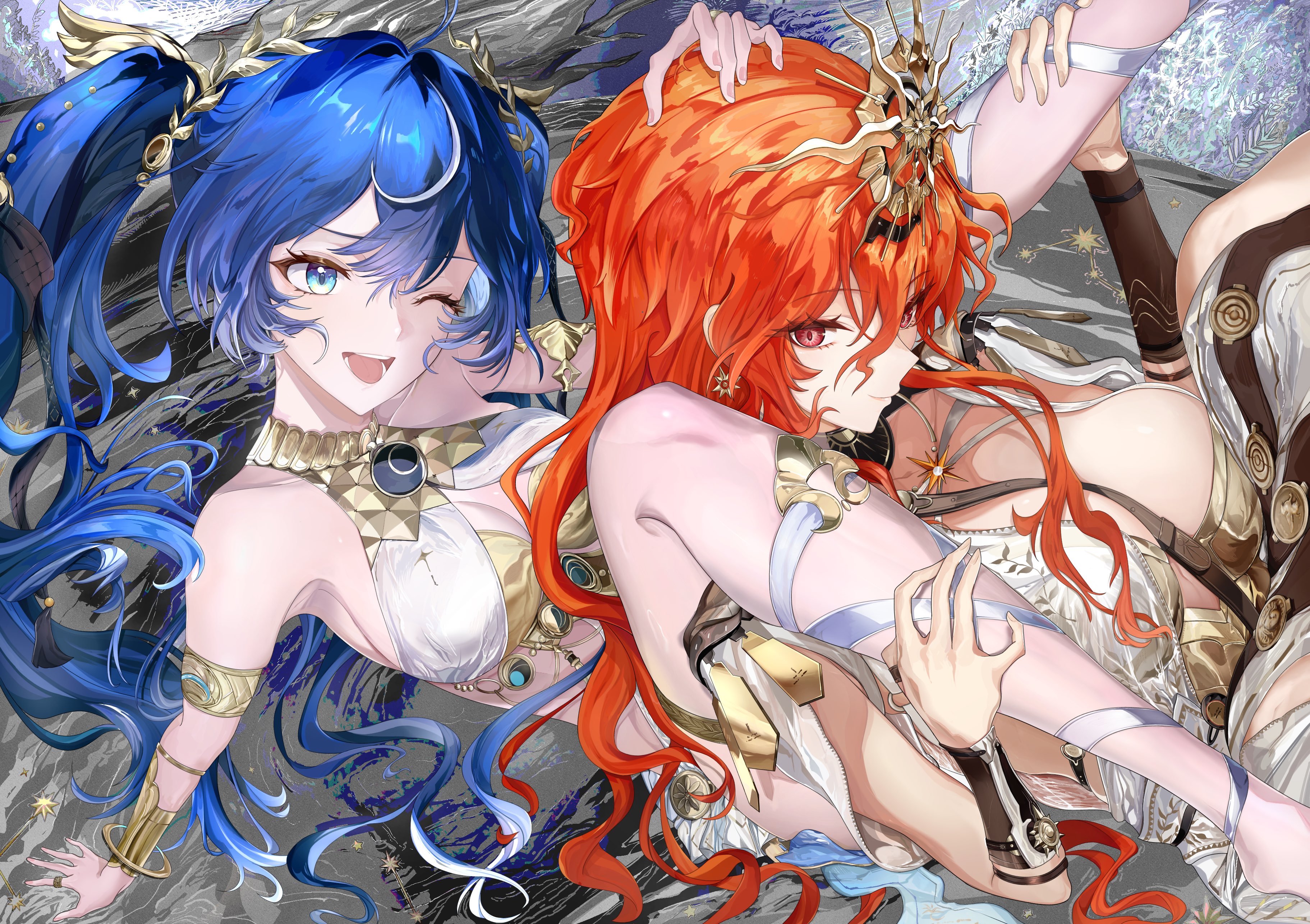 hyaui kazuki, augusta (wuthering waves), iuno (wuthering waves), wuthering waves, absurdres, commentary, hashtag-only commentary, highres, 2girls, ancient greek clothes, arm armor, armlet, armor, bare shoulders, blue eyes, blue hair, breastplate, breasts, cleavage, closed mouth, earrings, gold bra, greco-roman clothes, hair between eyes, hair intakes, headgear, jewelry, large breasts, laurel crown, long hair, looking at another, medium breasts, multicolored hair, multiple girls, one eye closed, open mouth, orange hair, red eyes, sideways glance, smile, streaked hair, sun earrings, very long hair