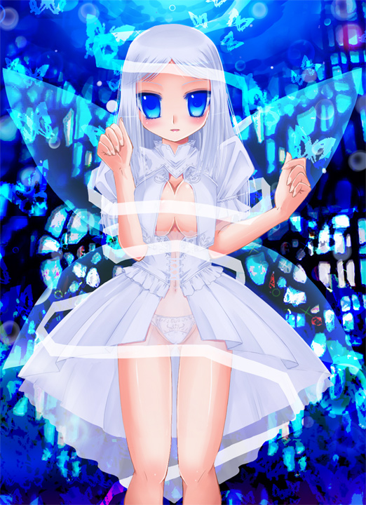 kay, kay (utd), original, bad id, bad pixiv id, 1girl, blue eyes, blue hair, breasts, cleavage, dress, female focus, large breasts, long hair, matching hair/eyes, navel, panties, solo, underwear, wings
