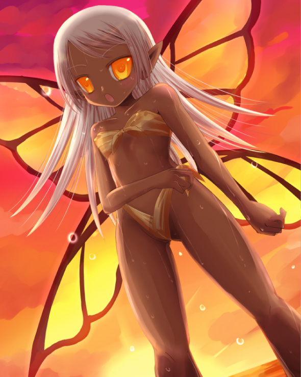 kay, kay (utd), original, bad id, bad pixiv id, 1girl, bikini, dark-skinned female, dark skin, fairy, female focus, flat chest, long hair, orange eyes, solo, swimsuit, white hair, wings, yellow bikini