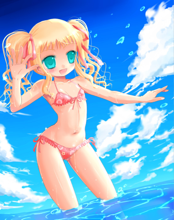 kay, kay (utd), original, bad id, bad pixiv id, 1girl, bikini, blonde hair, blue eyes, day, female focus, flat chest, navel, side-tie bikini bottom, solo, swimsuit, twintails, wading, water