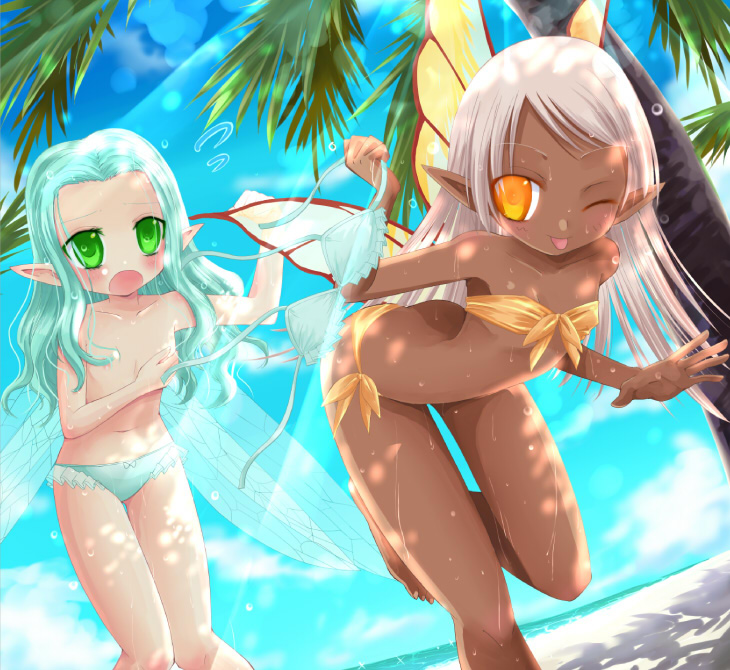 kay, kay (utd), original, bad id, bad pixiv id, 2girls, aqua hair, assisted exposure, bandeau bikini, barefoot, beach, bikini, blush, breasts, clothes theft, covering breasts, covering privates, dark-skinned female, dark skin, day, embarrassed, fairy, feet, female focus, flat chest, green eyes, mini person, minigirl, multiple girls, no nose, orange eyes, pointy ears, side-tie bikini bottom, small breasts, swimsuit, swimsuit theft, theft, toes, tongue, topless female, unworn bikini top, white hair, wings