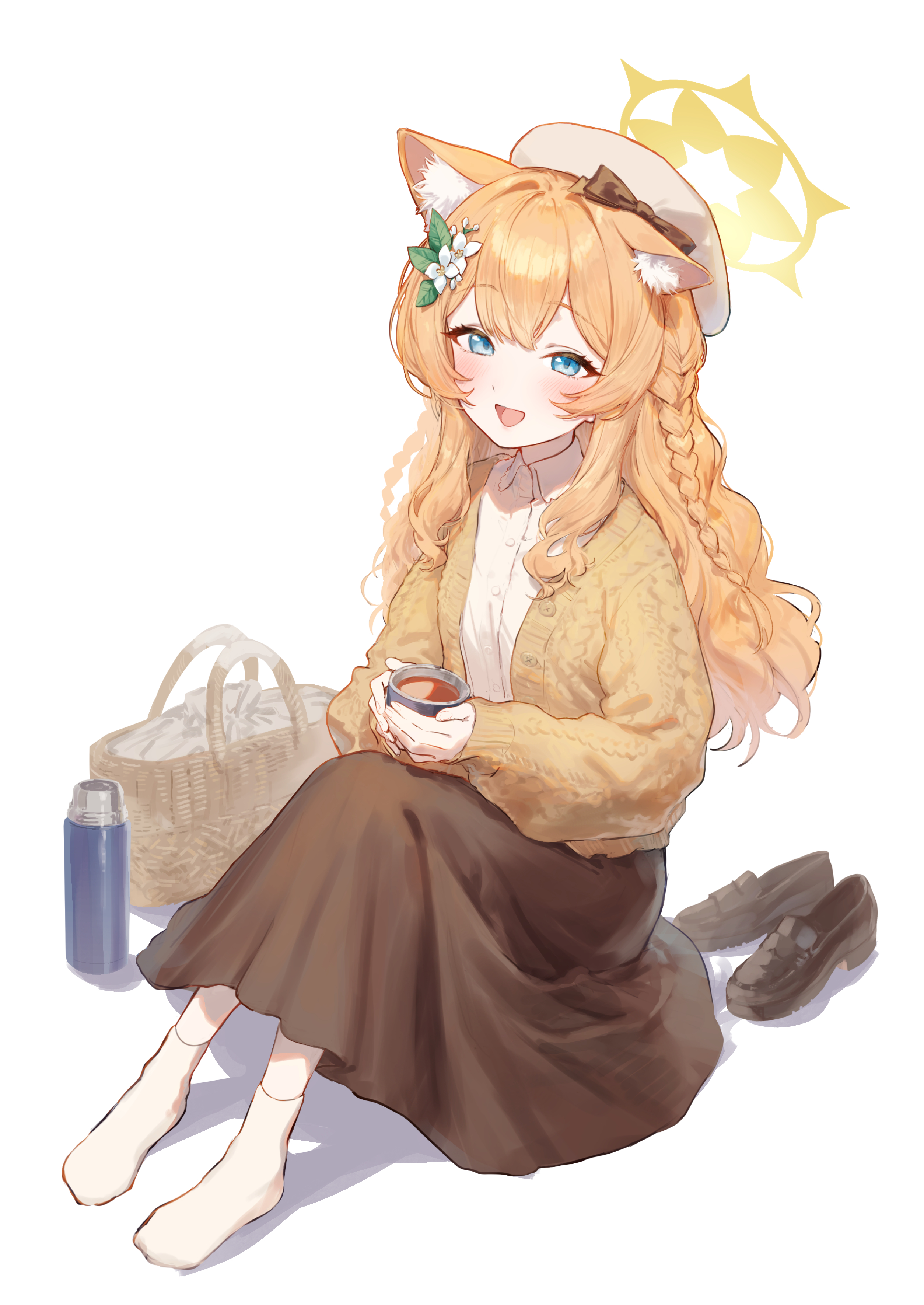eshineko, mari (blue archive), blue archive, absurdres, highres, animal ears, beret, blue eyes, braid, brown skirt, cardigan, cat ears, cup, flower, hair flower, hair ornament, halo, hat, holding, holding cup, looking at viewer, open cardigan, open clothes, open mouth, orange hair, picnic basket, shoes, sidelocks, sitting, skirt, thermos, unworn shoes