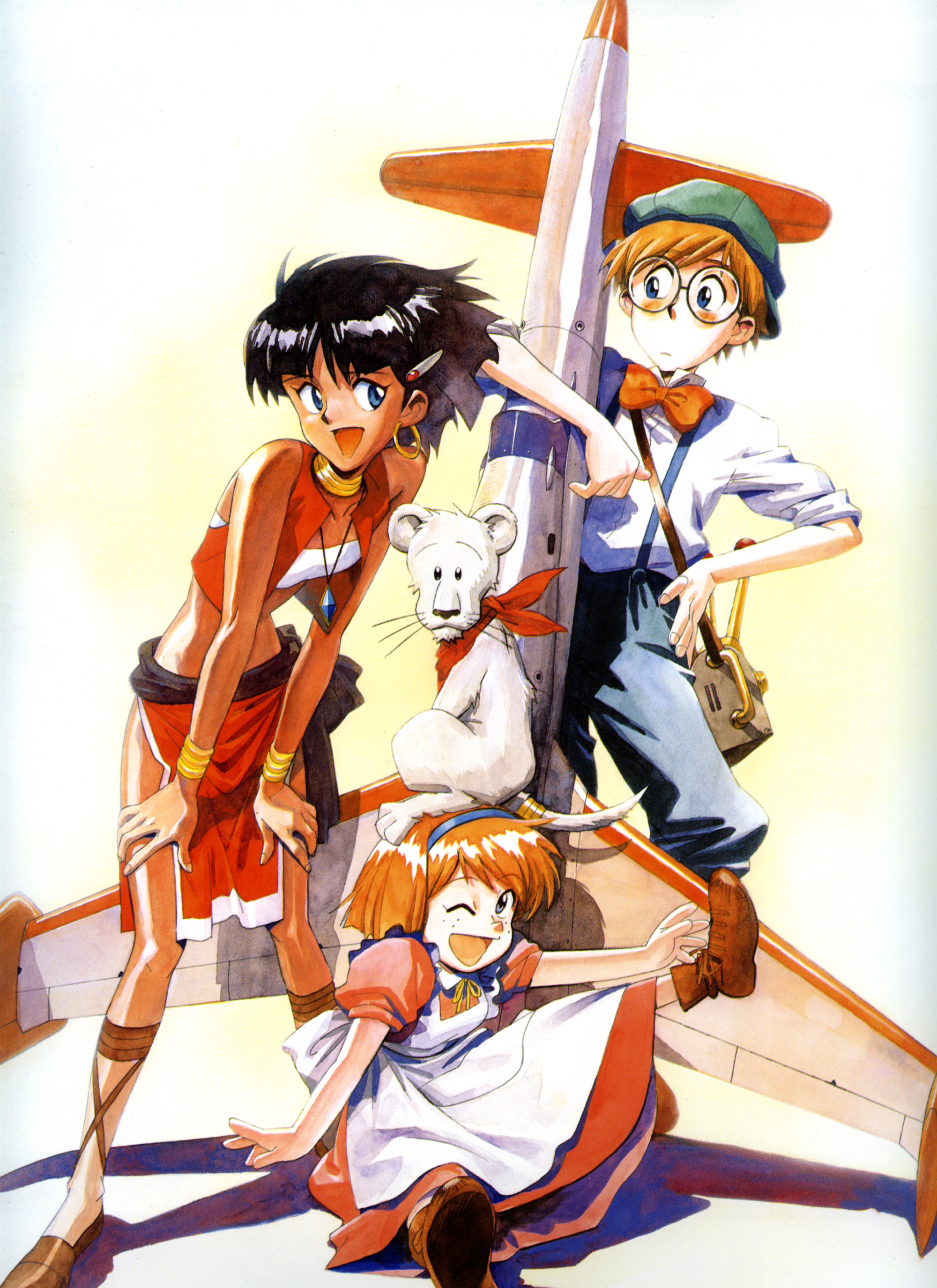 sadamoto yoshiyuki, jean roque lartigue, jean roque raltique, king (nadia), marie en carlsberg, nadia la arwall, fushigi no umi no nadia, absurdres, highres, scan, 1990s (style), 1boy, 2girls, ankle lace-up, bandeau, blue eyes, bracelet, earrings, hairband, jewelry, lion, loincloth, midriff, multiple girls, neck ring, one eye closed, retro artstyle, sandals, strapless, tube top, vest, wink