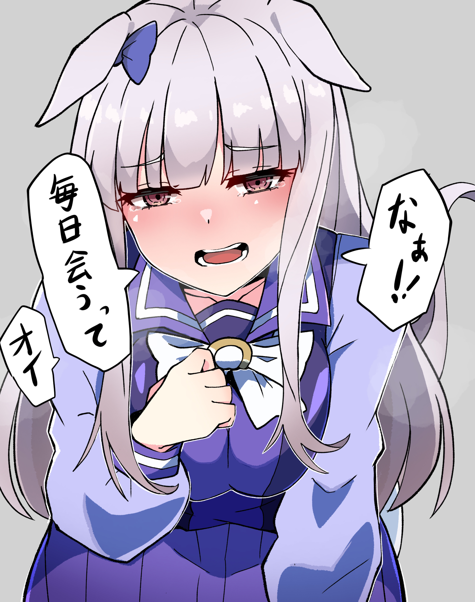kawamochi (tddm3573), gold ship (umamusume), umamusume, highres, translation request, 1girl, animal ears, blue bow, blush, bow, breasts, brown eyes, ear bow, ears down, grey background, grey hair, half-closed eyes, hand up, horse ears, large breasts, leaning forward, long hair, long sleeves, looking at viewer, open mouth, pleated skirt, puffy long sleeves, puffy sleeves, purple shirt, purple skirt, school uniform, shirt, simple background, skirt, solo, tears, tracen school uniform, very long hair, white bow