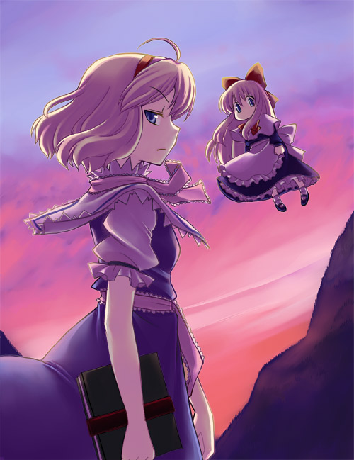 mikagami hiyori, alice margatroid, shanghai doll, touhou, 2girls, book, bow, cloud, female focus, hairband, multiple girls, outdoors, ribbon, sky, solo, standing