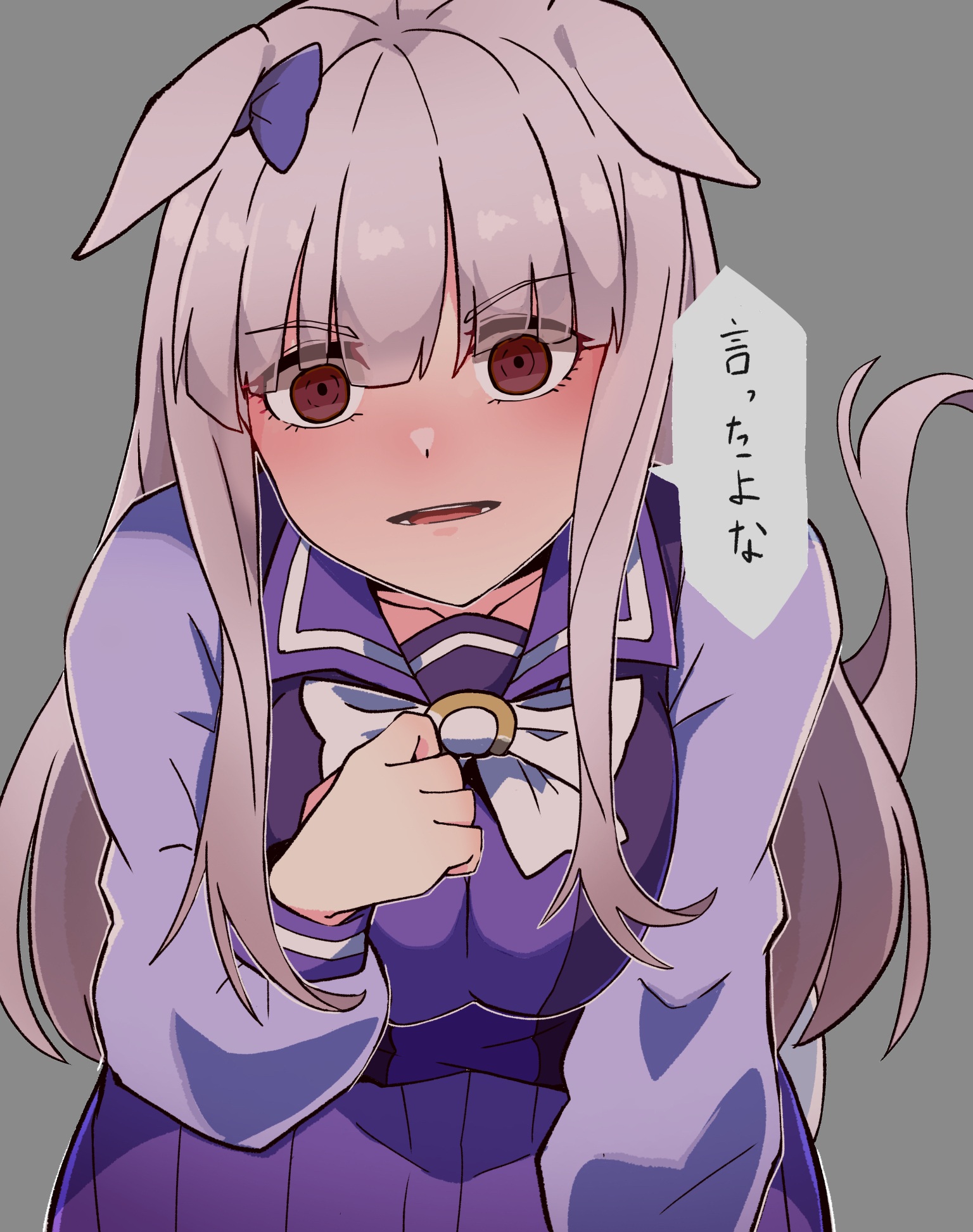 kawamochi (tddm3573), gold ship (umamusume), umamusume, highres, translation request, 1girl, animal ears, blue bow, blush, bow, breasts, ear bow, ears down, grey background, grey hair, hand up, horse ears, large breasts, leaning forward, long hair, long sleeves, looking at viewer, parted lips, pleated skirt, puffy long sleeves, puffy sleeves, purple shirt, purple skirt, school uniform, shirt, simple background, skirt, solo, tracen school uniform, v-shaped eyebrows, very long hair, white bow